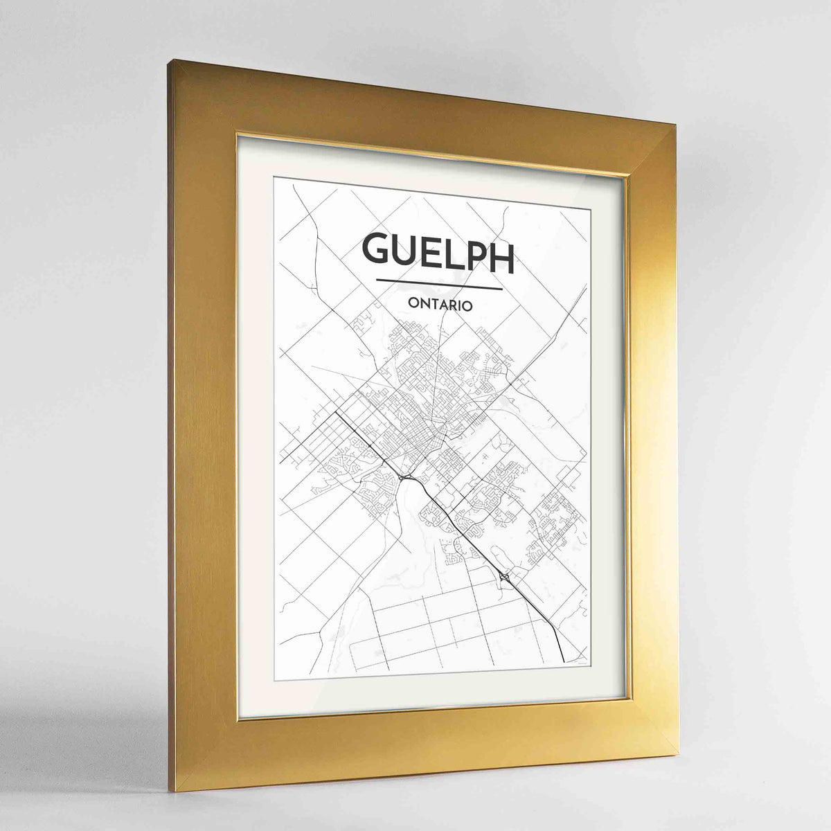 Framed Guelph City Map 24x36&quot; Gold frame Point Two Design Group