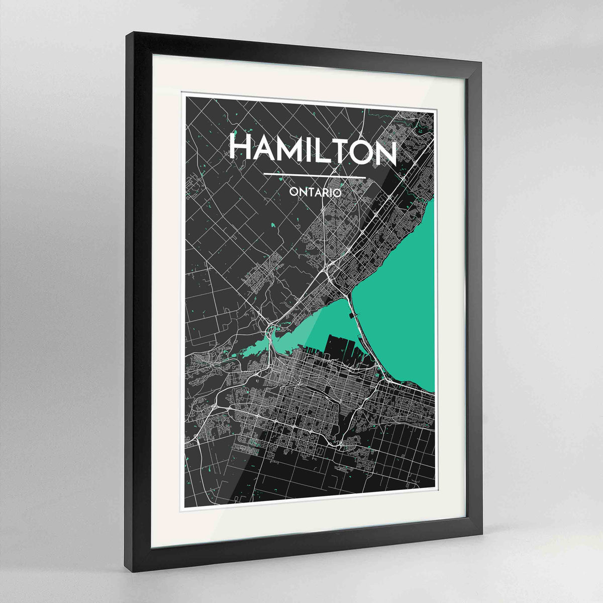 Framed Hamilton City Map 24x36&quot; Contemporary Black frame Point Two Design Group