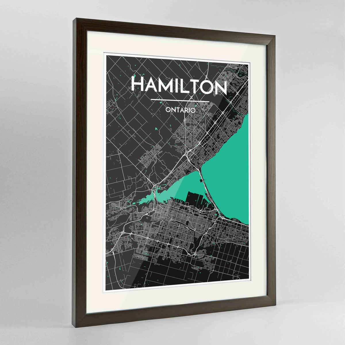 Framed Hamilton City Map 24x36&quot; Contemporary Walnut frame Point Two Design Group