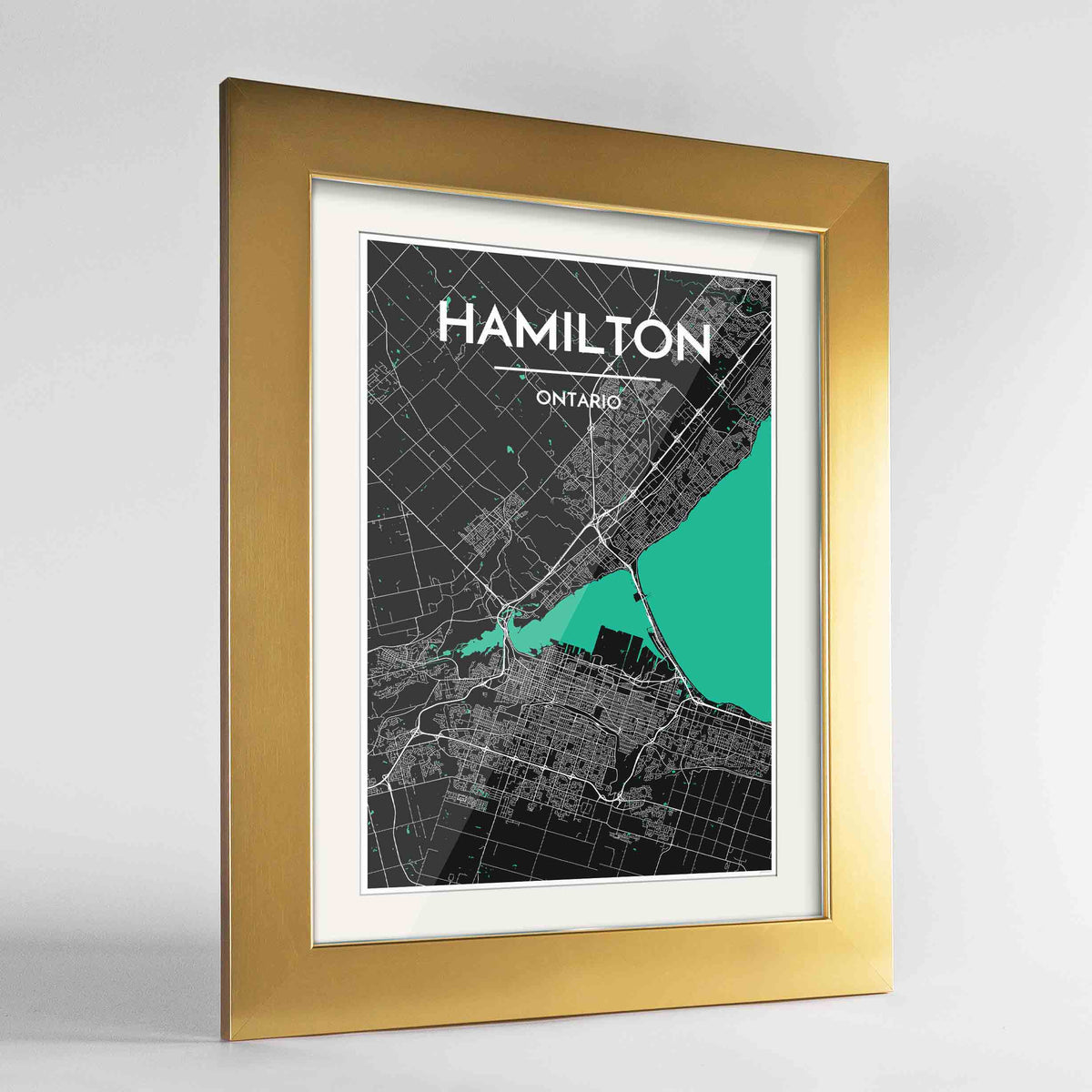Framed Hamilton City Map 24x36&quot; Gold frame Point Two Design Group