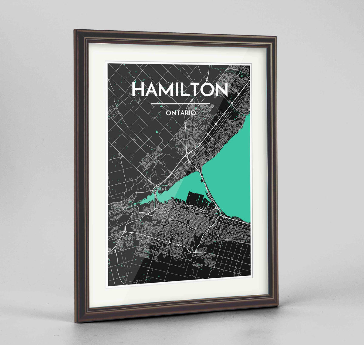 Framed Hamilton City Map 24x36&quot; Traditional Walnut frame Point Two Design Group