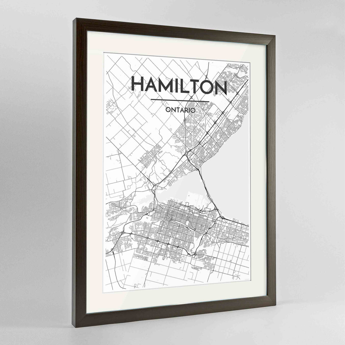 Framed Hamilton City Map 24x36&quot; Contemporary Walnut frame Point Two Design Group