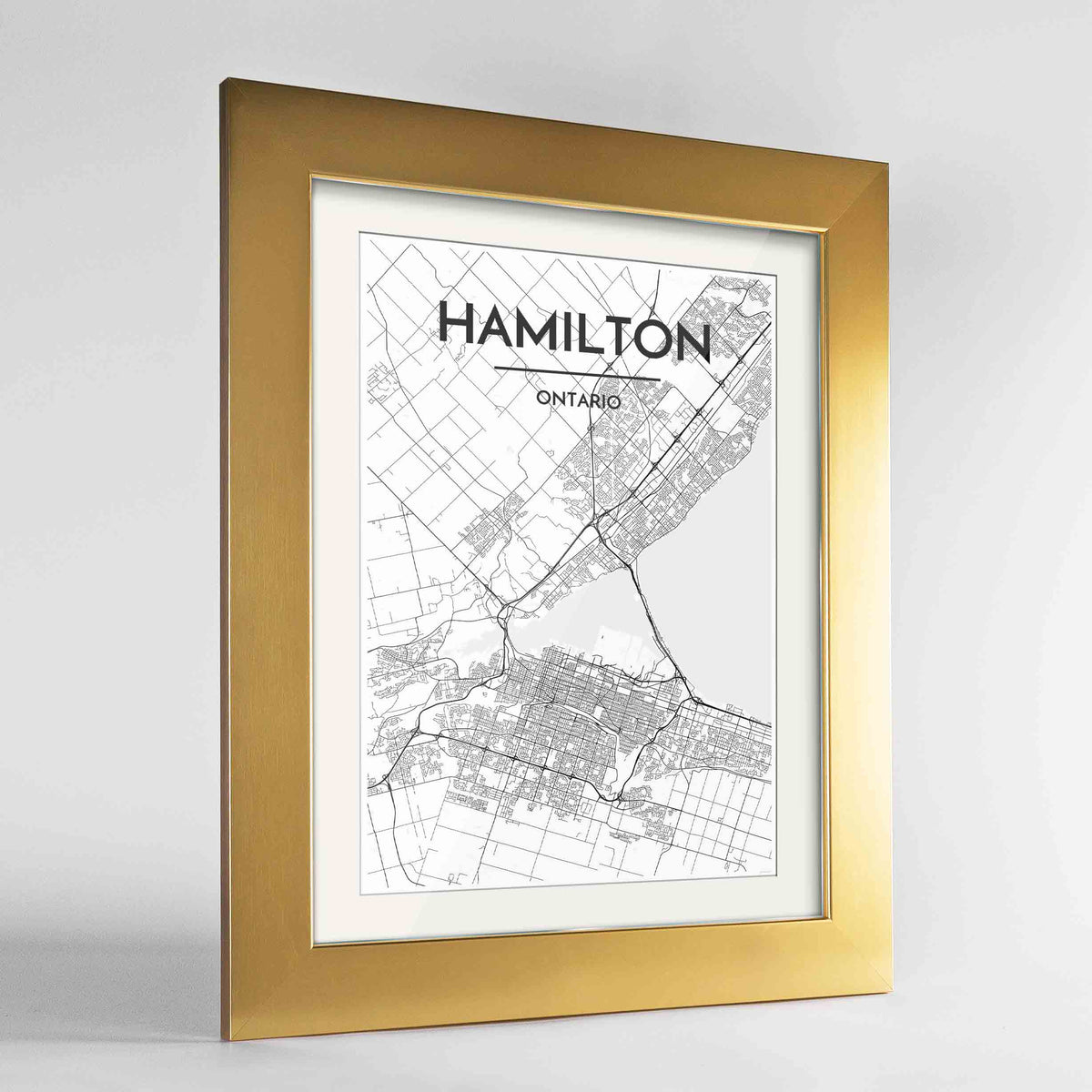 Framed Hamilton City Map 24x36&quot; Gold frame Point Two Design Group