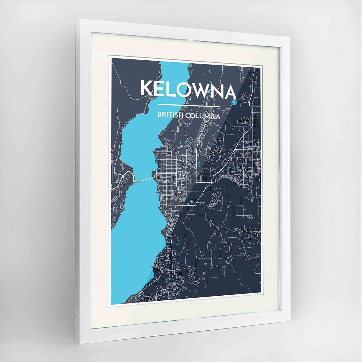 Framed Kelowna Map Art Print 24x36&quot; Contemporary White frame Point Two Design Group