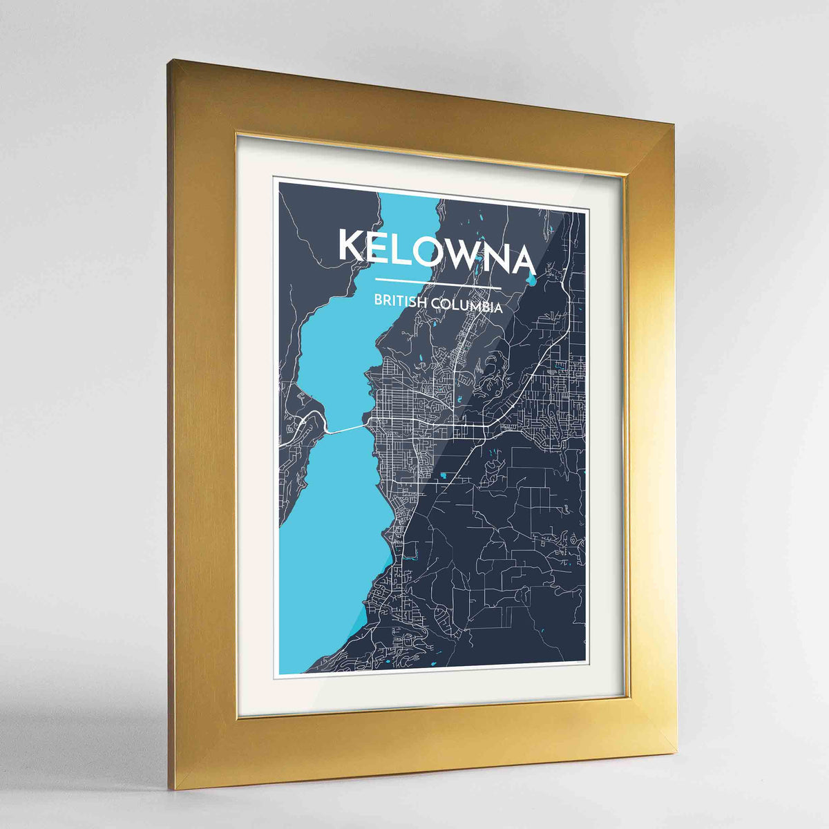 Framed Kelowna Map Art Print 24x36&quot; Gold frame Point Two Design Group