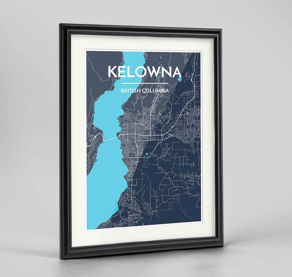 Framed Kelowna Map Art Print 24x36&quot; Traditional Black frame Point Two Design Group