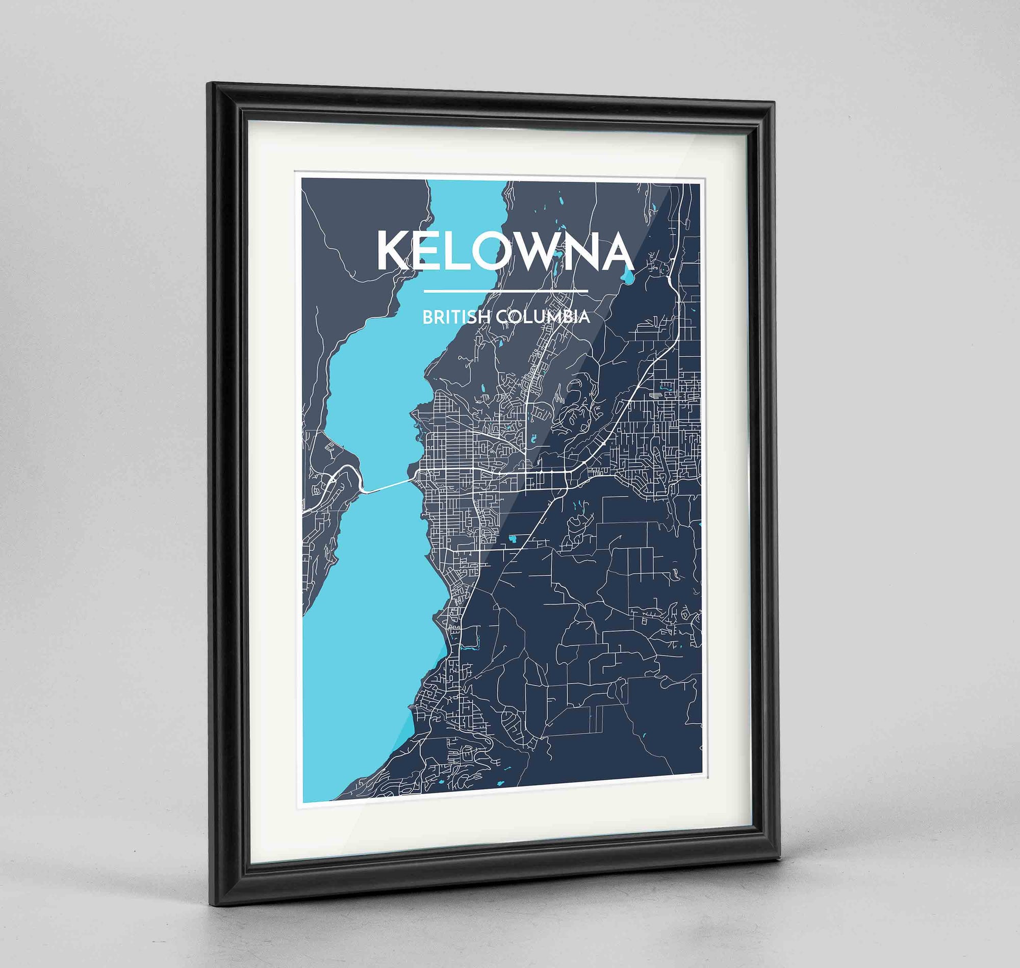 Framed Kelowna Map Art Print 24x36" Traditional Black frame Point Two Design Group