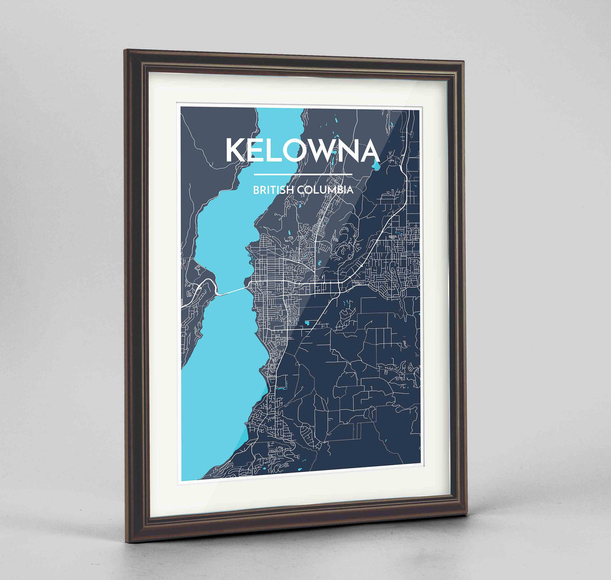 Framed Kelowna Map Art Print 24x36&quot; Traditional Walnut frame Point Two Design Group