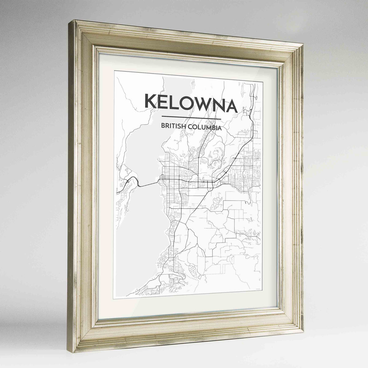 Framed Kelowna Map Art Print 24x36&quot; Champagne frame Point Two Design Group