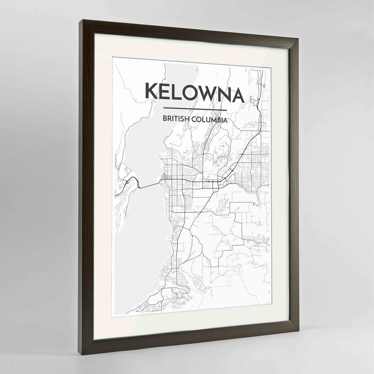 Framed Kelowna Map Art Print 24x36&quot; Contemporary Walnut frame Point Two Design Group