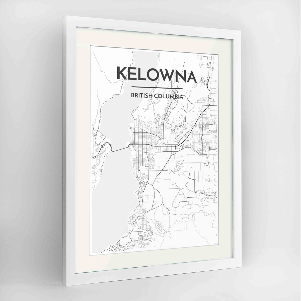 Framed Kelowna Map Art Print 24x36&quot; Contemporary White frame Point Two Design Group