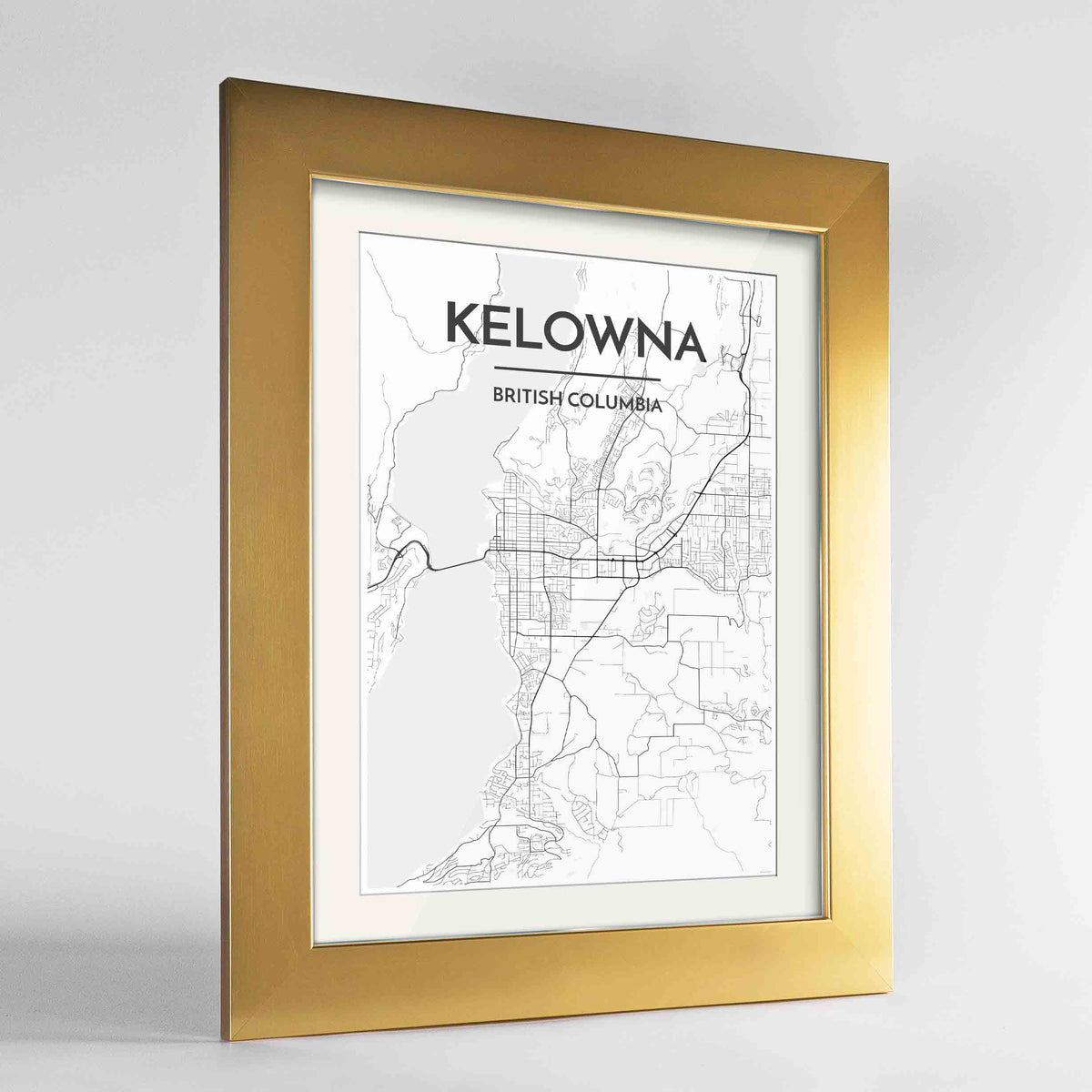 Framed Kelowna Map Art Print 24x36&quot; Gold frame Point Two Design Group