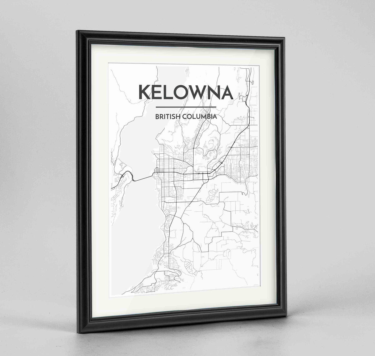 Framed Kelowna Map Art Print 24x36&quot; Traditional Black frame Point Two Design Group