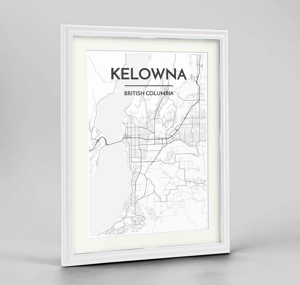 Framed Kelowna Map Art Print 24x36&quot; Traditional White frame Point Two Design Group