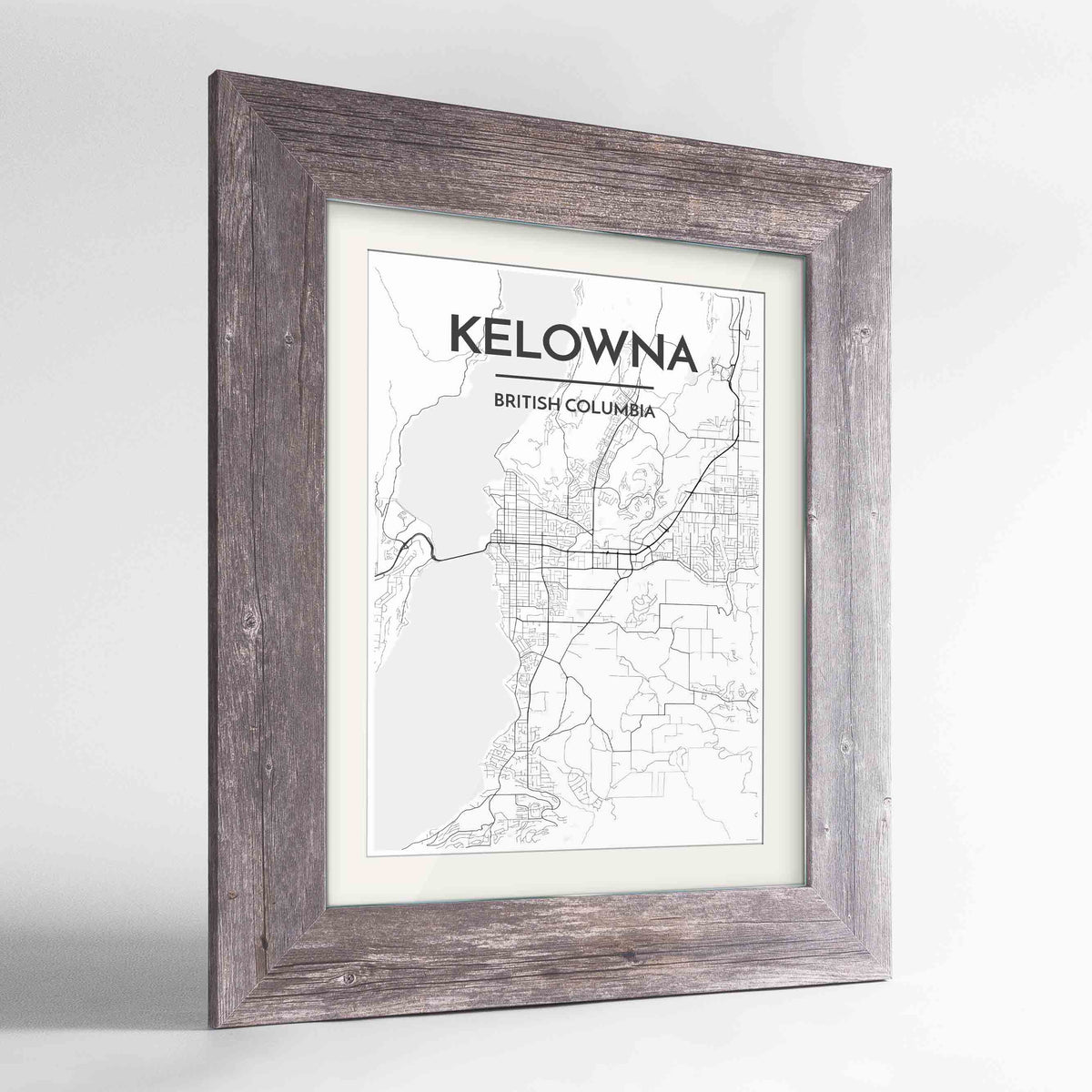 Framed Kelowna Map Art Print 24x36&quot; Western Grey frame Point Two Design Group