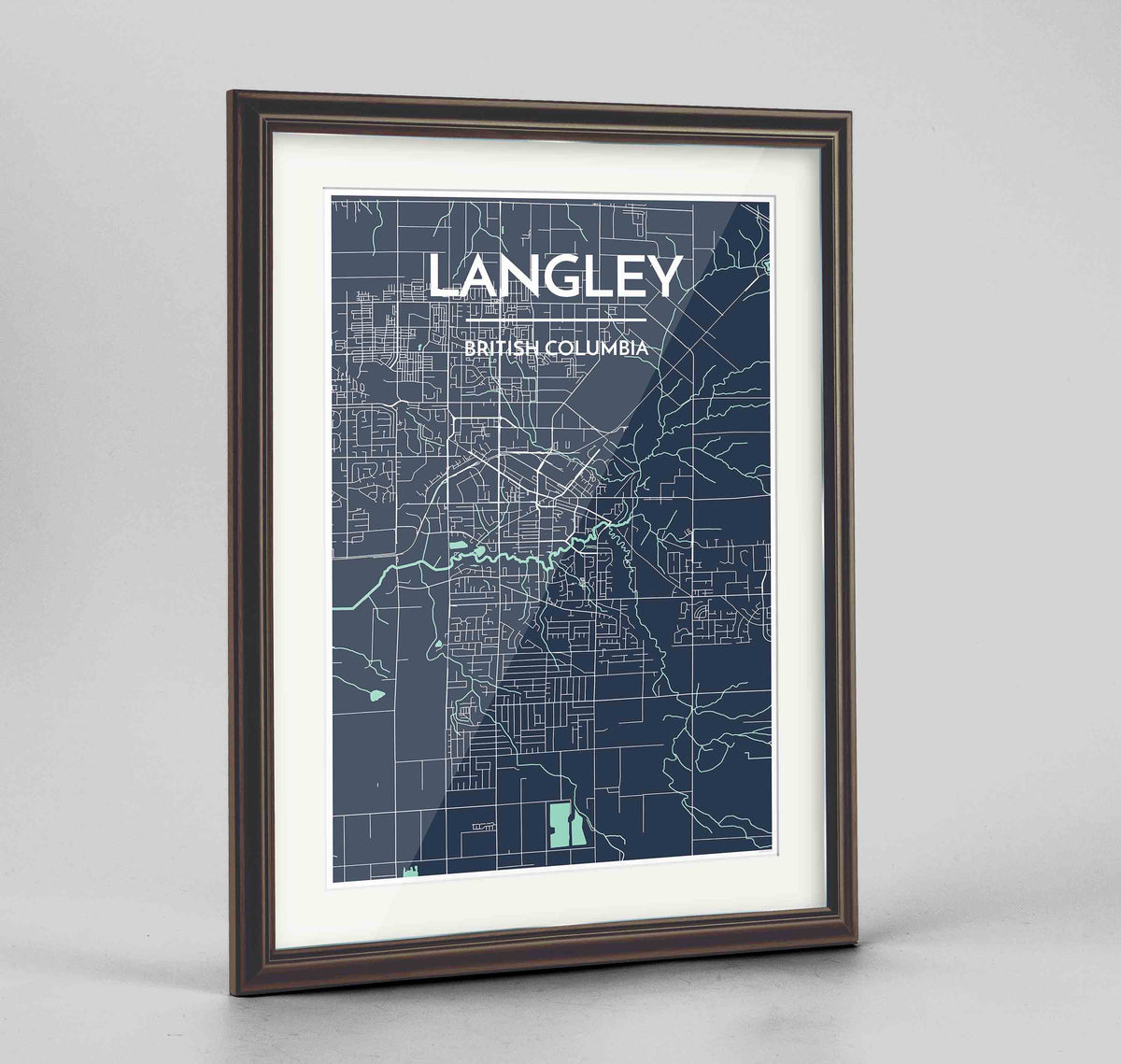 Framed Langley City Map 24x36&quot; Traditional Walnut frame Point Two Design Group