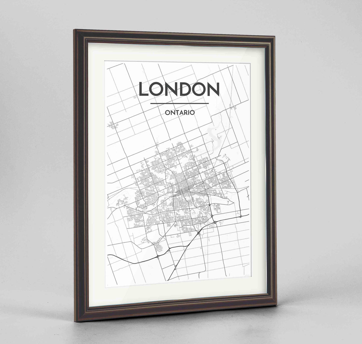 Framed London Ontario City Map 24x36&quot; Traditional Walnut frame Point Two Design Group