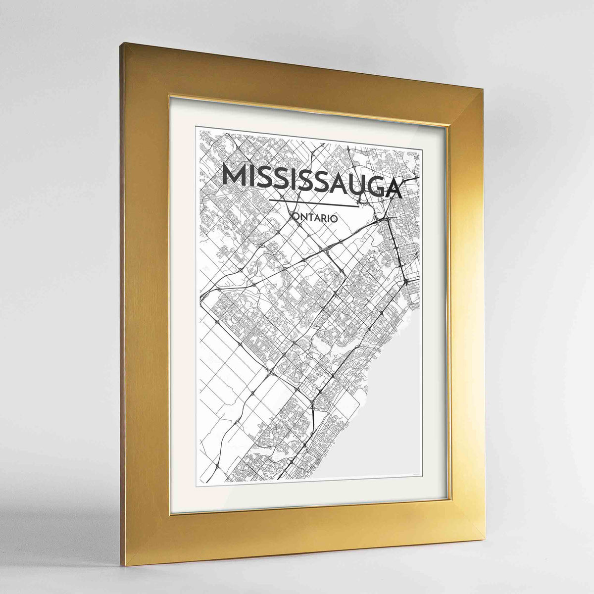 Framed Missisauga City Map 24x36&quot; Gold frame Point Two Design Group