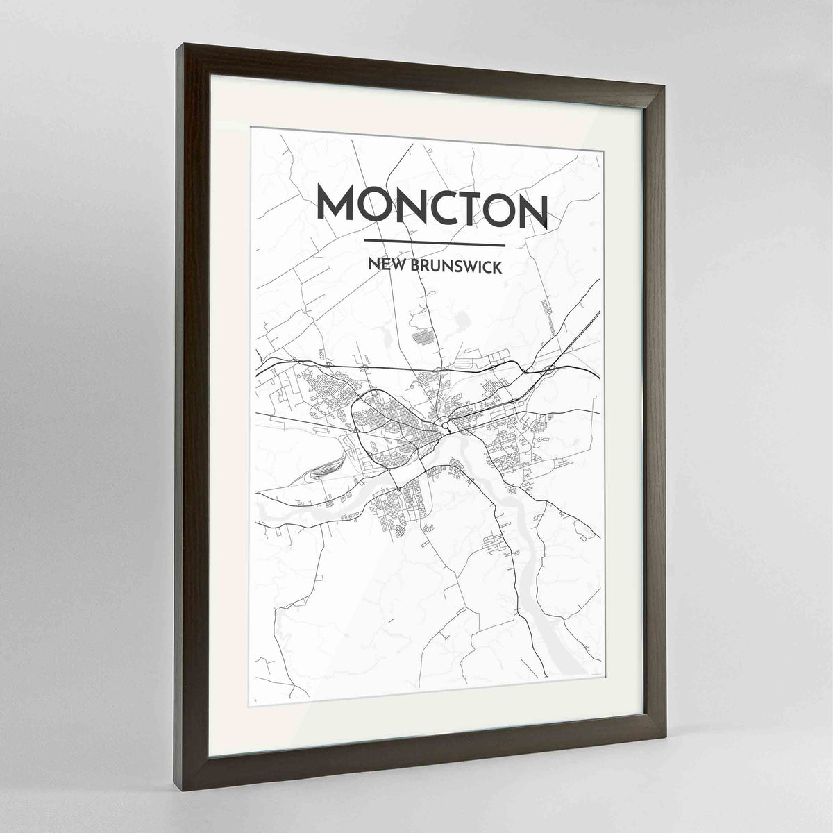 Framed Moncton City Map 24x36&quot; Contemporary Walnut frame Point Two Design Group