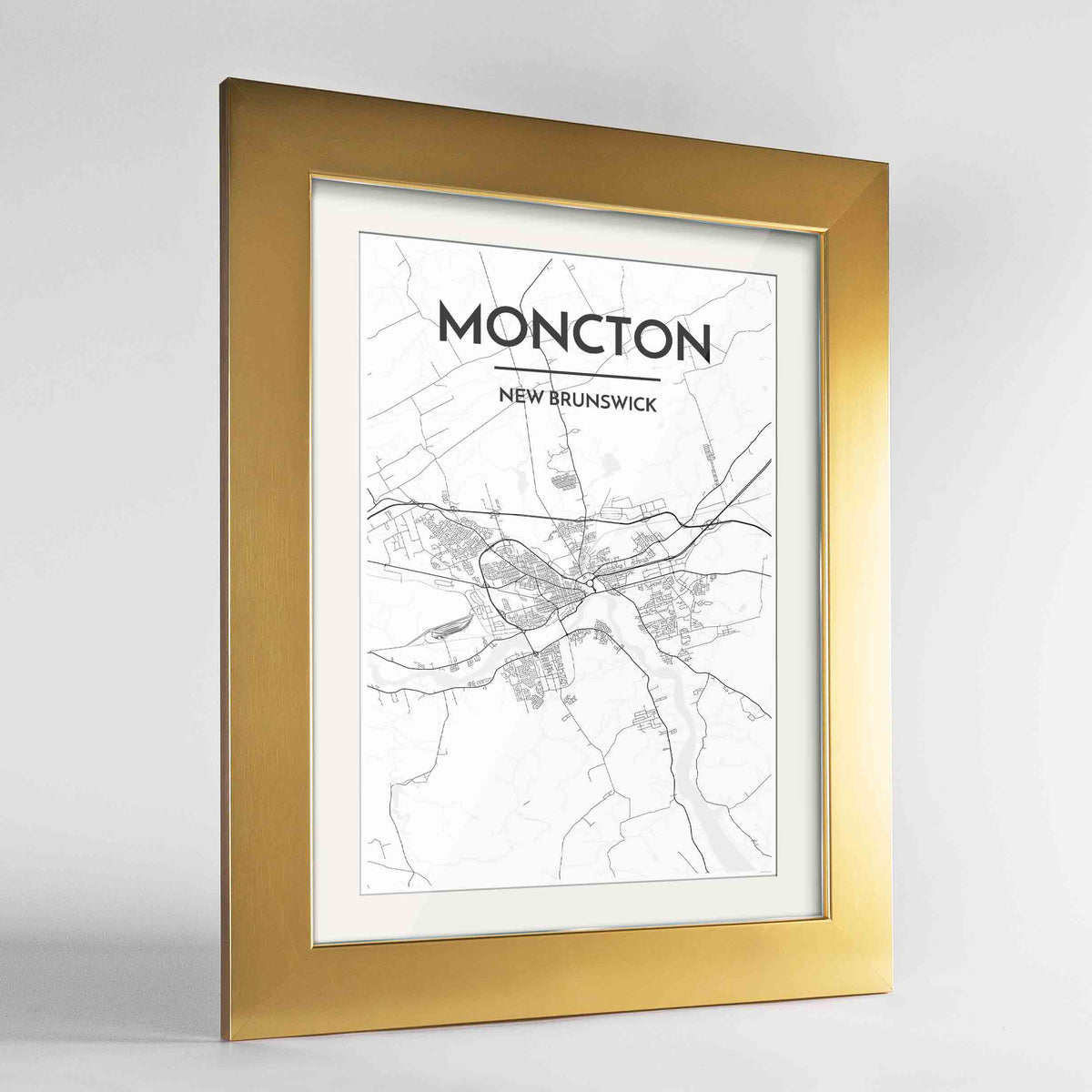 Framed Moncton City Map 24x36&quot; Gold frame Point Two Design Group