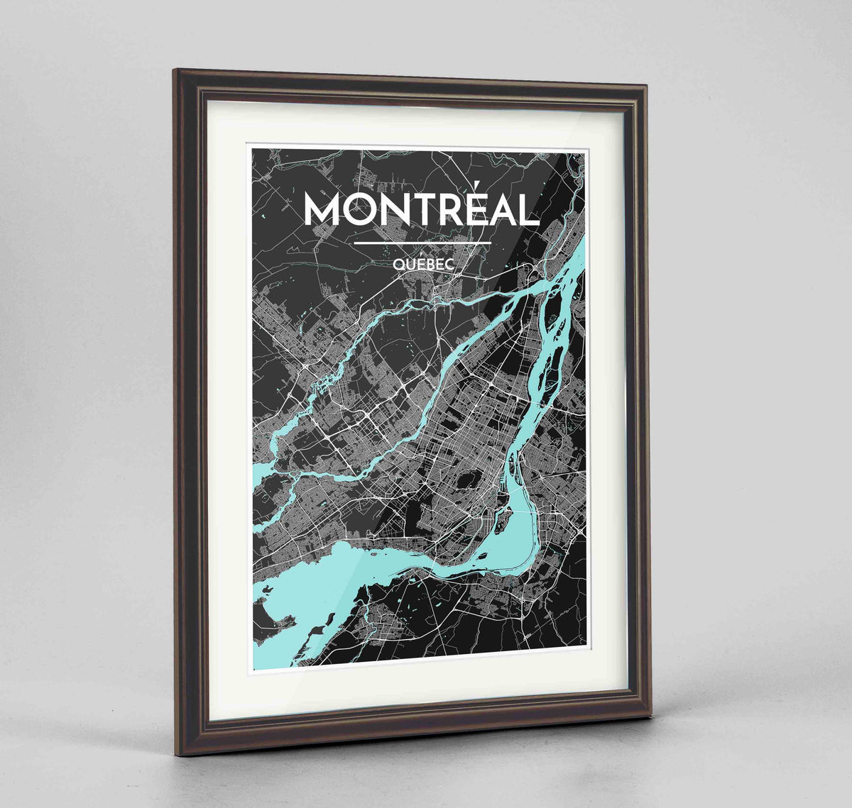 Framed Montreal City Map 24x36&quot; Traditional Walnut frame Point Two Design Group