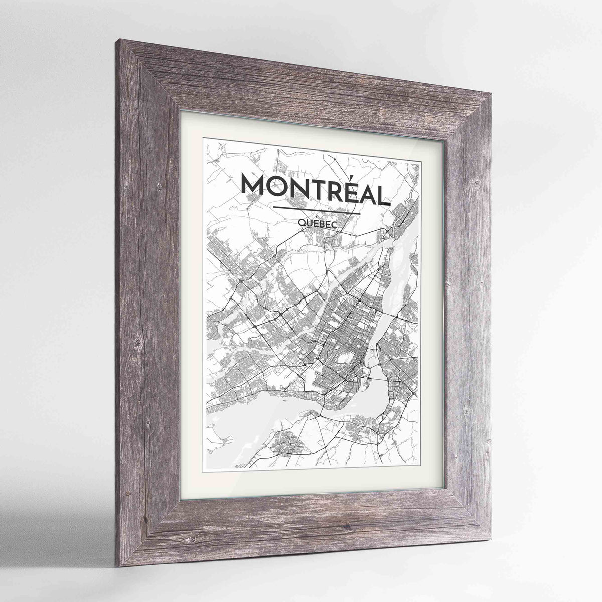 Framed Montreal City Map 24x36&quot; Western Grey frame Point Two Design Group