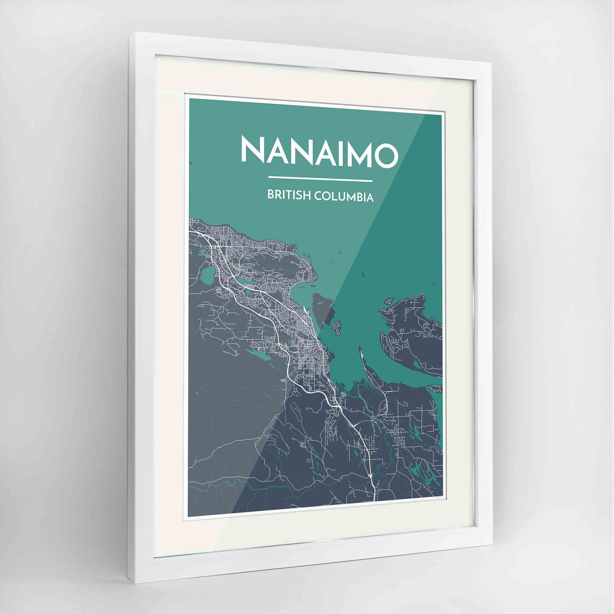 Framed Nanaimo City Map Art Print 24x36&quot; Contemporary White frame Point Two Design Group