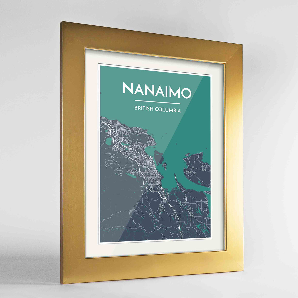 Framed Nanaimo City Map Art Print 24x36&quot; Gold frame Point Two Design Group