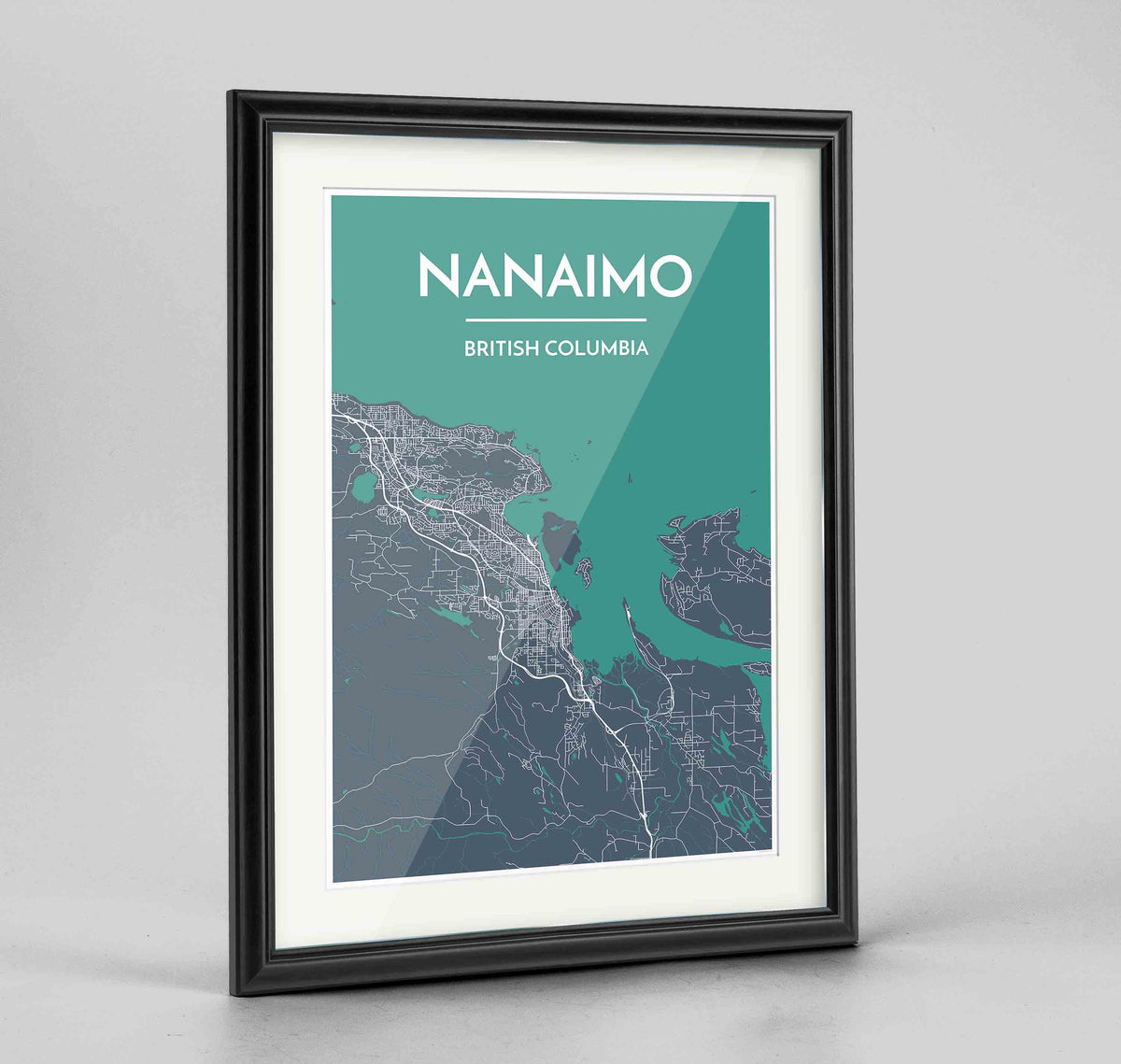 Framed Nanaimo City Map Art Print 24x36&quot; Traditional Black frame Point Two Design Group