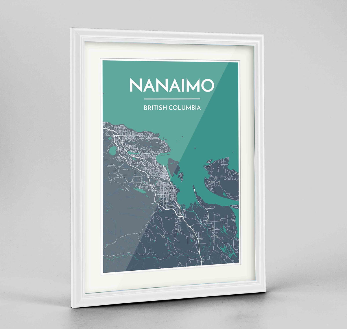 Framed Nanaimo City Map Art Print 24x36&quot; Traditional White frame Point Two Design Group