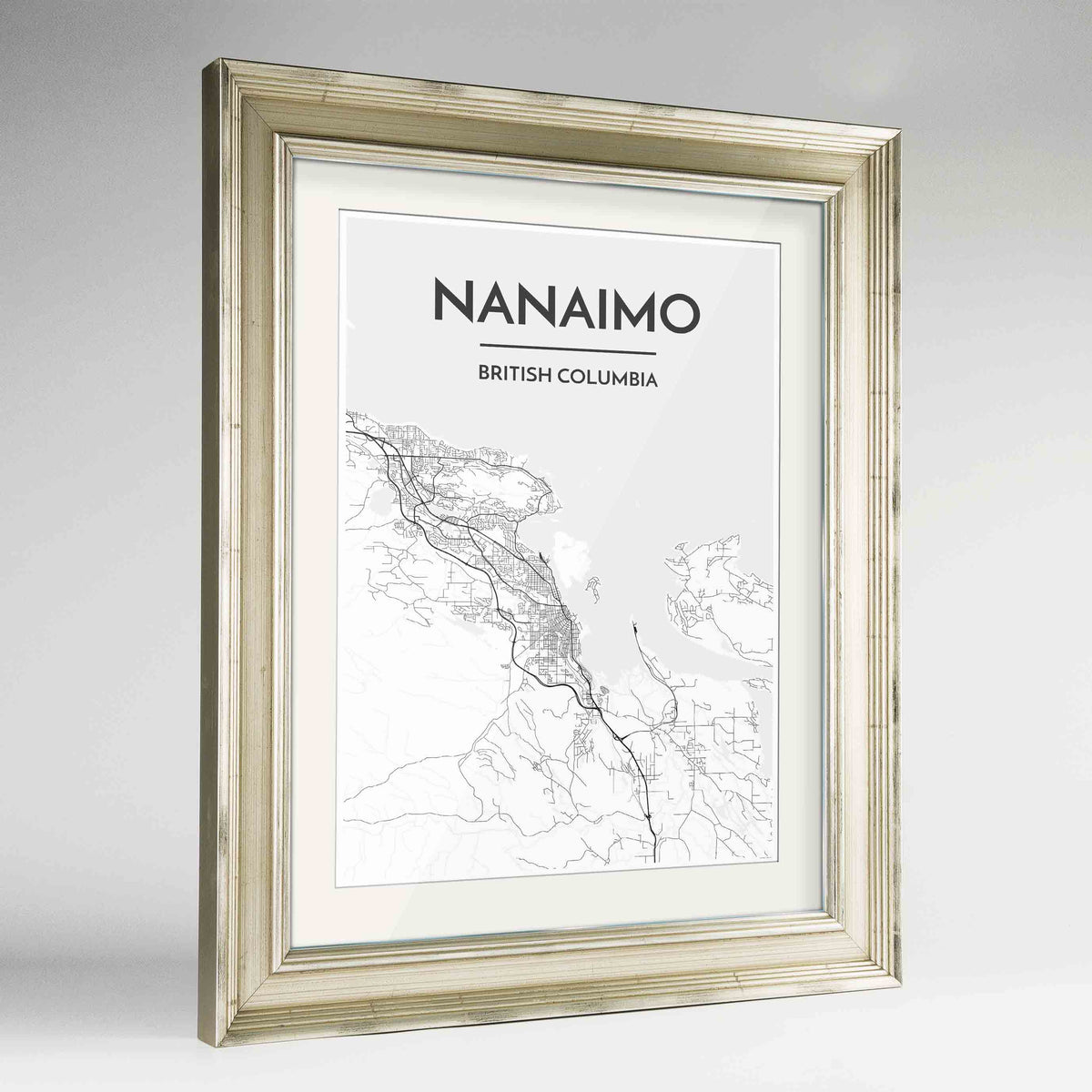 Framed Nanaimo City Map Art Print 24x36&quot; Champagne frame Point Two Design Group