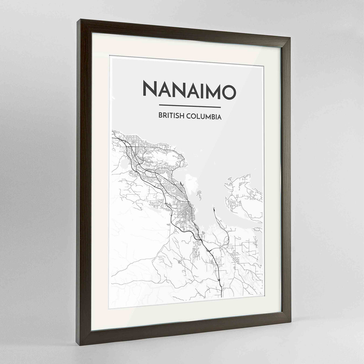 Framed Nanaimo City Map Art Print 24x36&quot; Contemporary Walnut frame Point Two Design Group