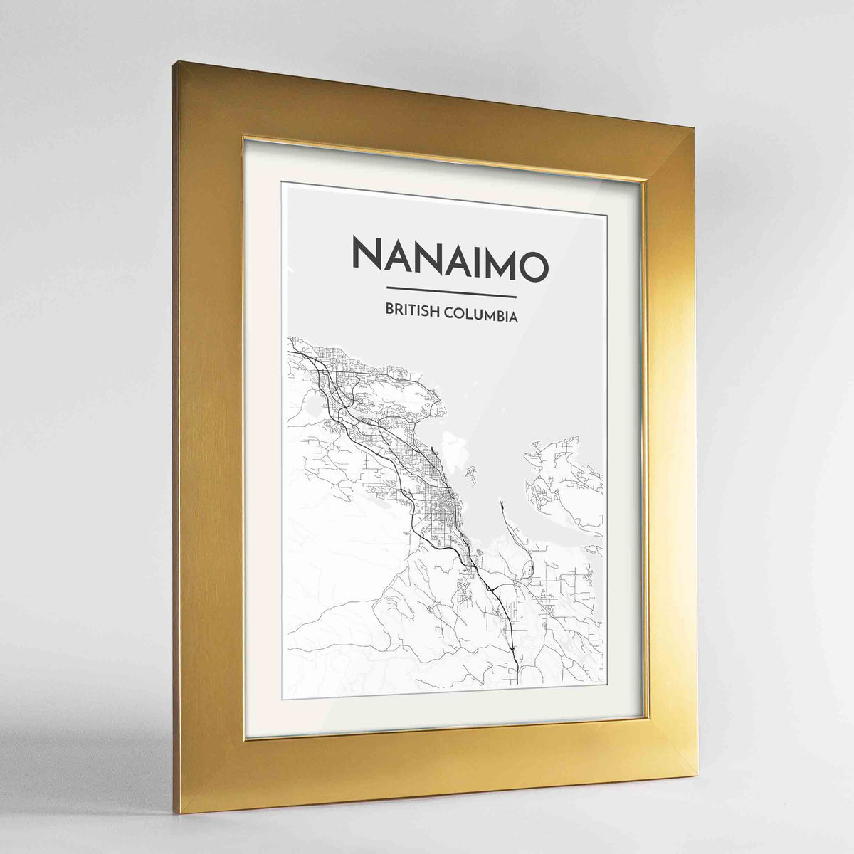 Framed Nanaimo City Map Art Print 24x36&quot; Gold frame Point Two Design Group