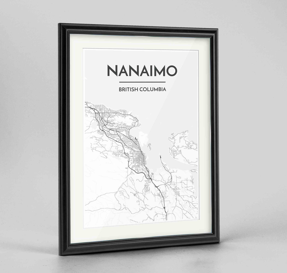 Framed Nanaimo City Map Art Print 24x36&quot; Traditional Black frame Point Two Design Group