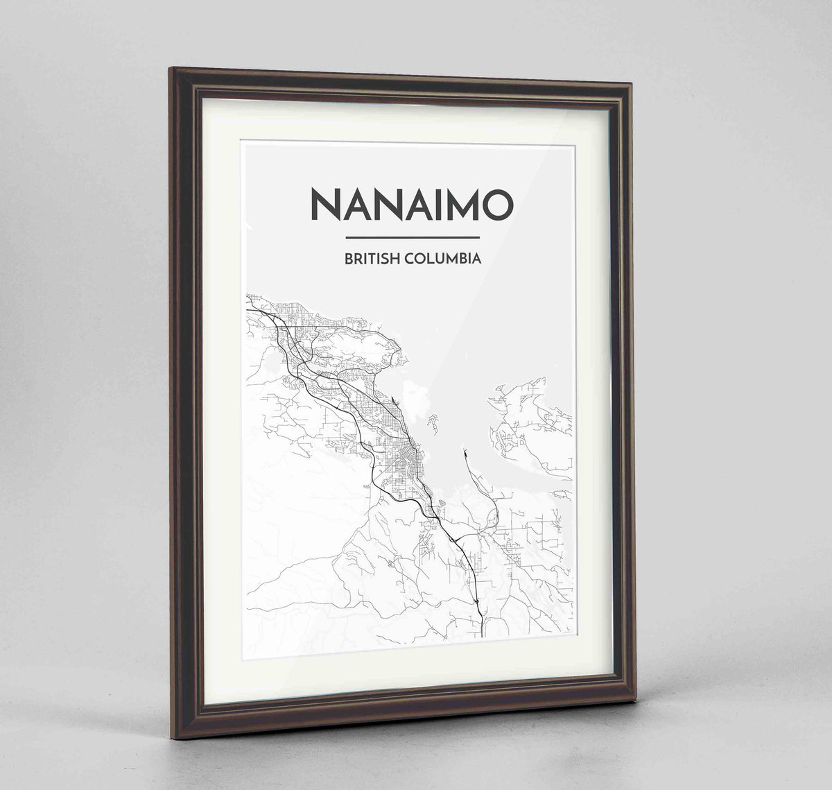 Framed Nanaimo City Map Art Print 24x36&quot; Traditional Walnut frame Point Two Design Group