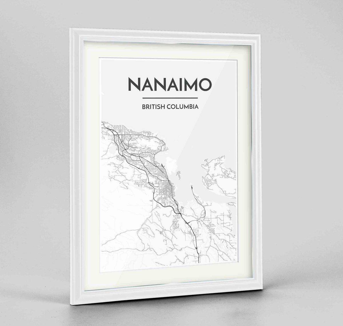 Framed Nanaimo City Map Art Print 24x36&quot; Traditional White frame Point Two Design Group