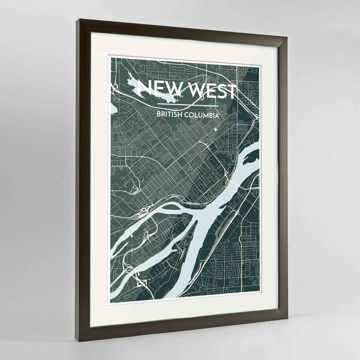 Framed New Westminster City Map Art Print 24x36&quot; Contemporary Walnut frame Point Two Design Group