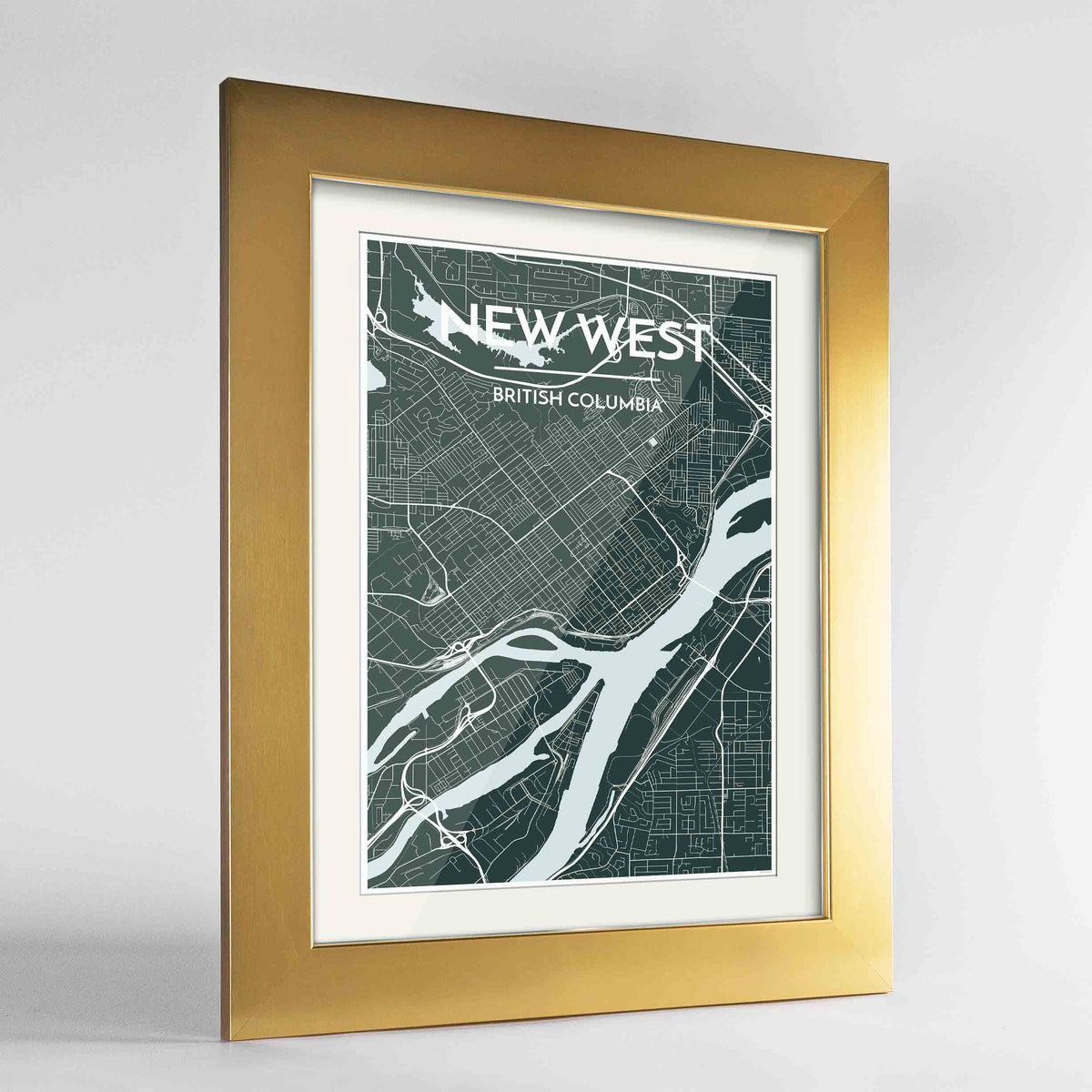 Framed New Westminster City Map Art Print 24x36&quot; Gold frame Point Two Design Group