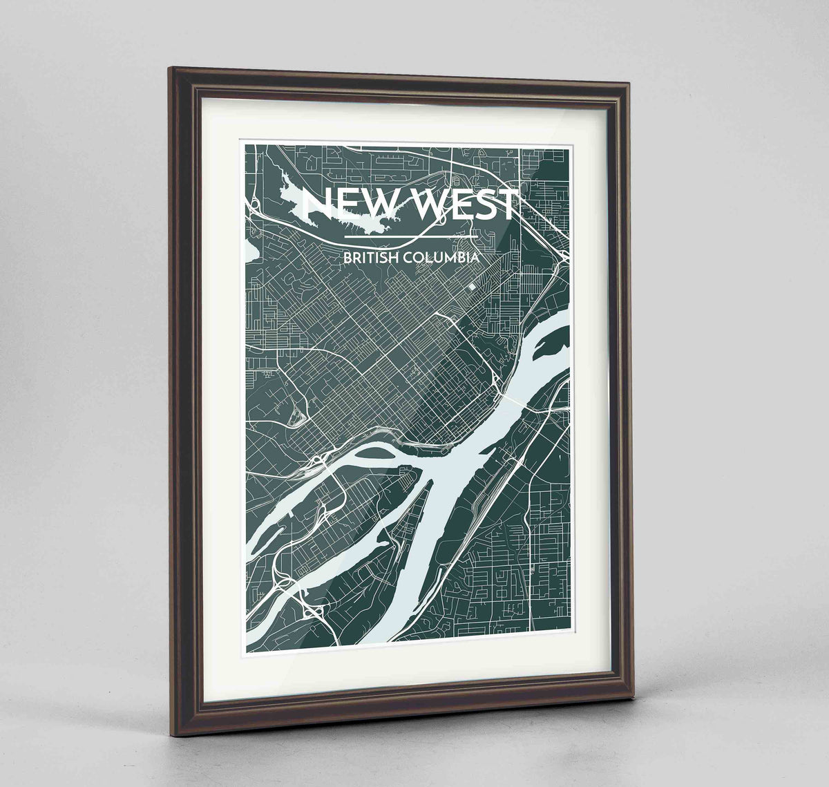 Framed New Westminster City Map Art Print 24x36&quot; Traditional Walnut frame Point Two Design Group