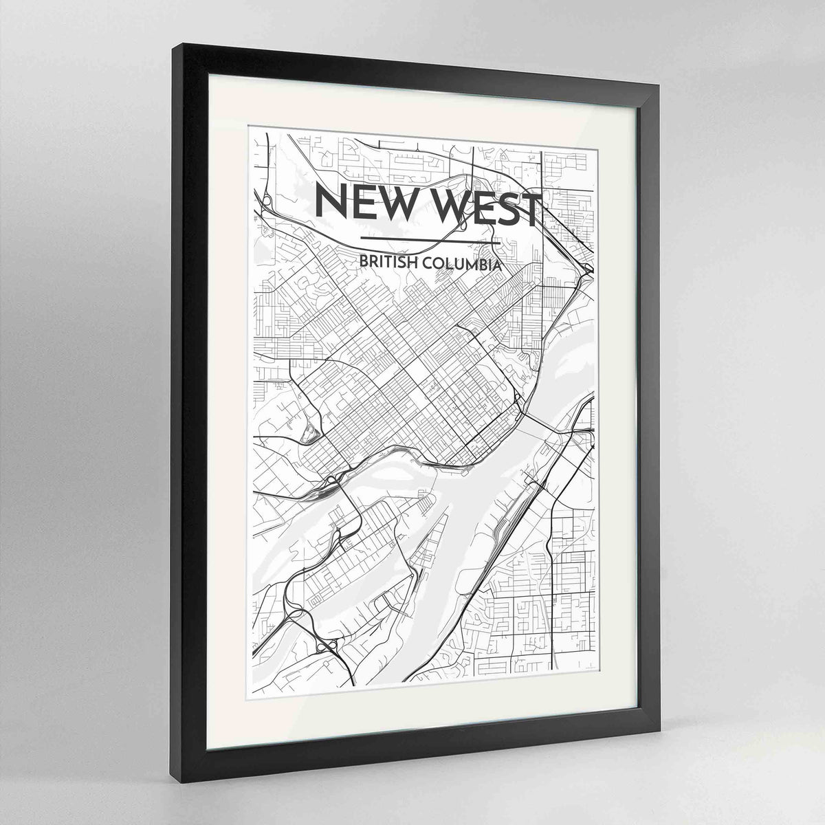Framed New Westminster City Map Art Print 24x36&quot; Contemporary Black frame Point Two Design Group