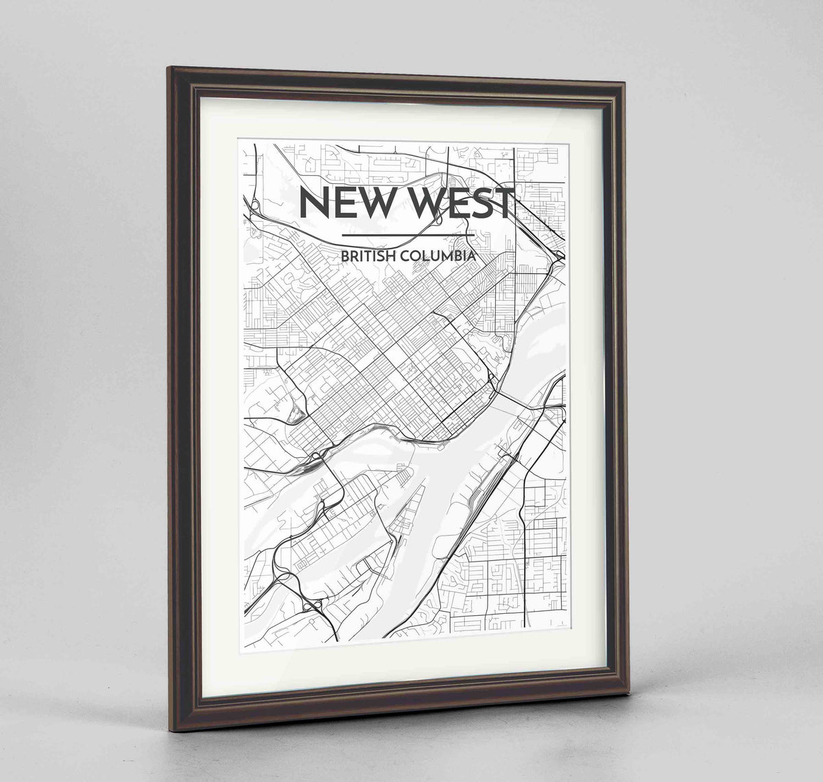 Framed New Westminster City Map Art Print 24x36&quot; Traditional Walnut frame Point Two Design Group
