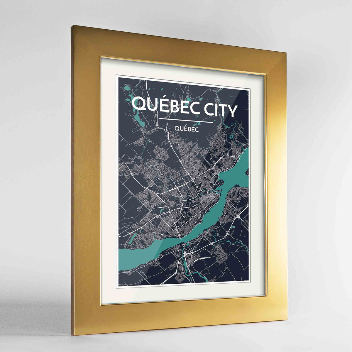 Framed Quebec City Map 24x36&quot; Gold frame Point Two Design Group