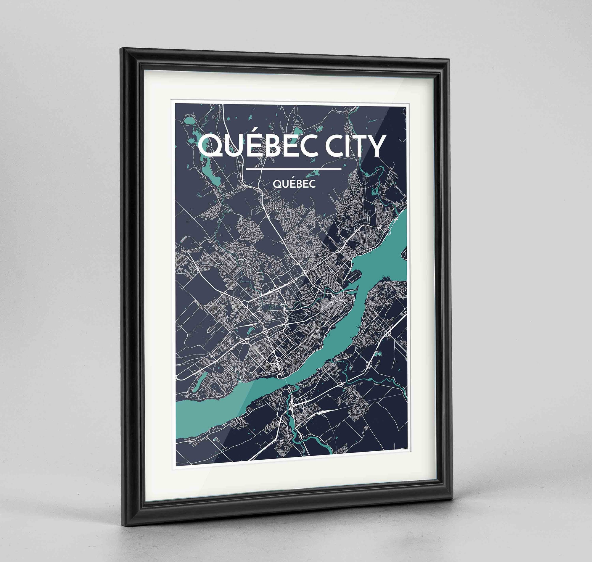 Framed Quebec City Map 24x36" Traditional Black frame Point Two Design Group