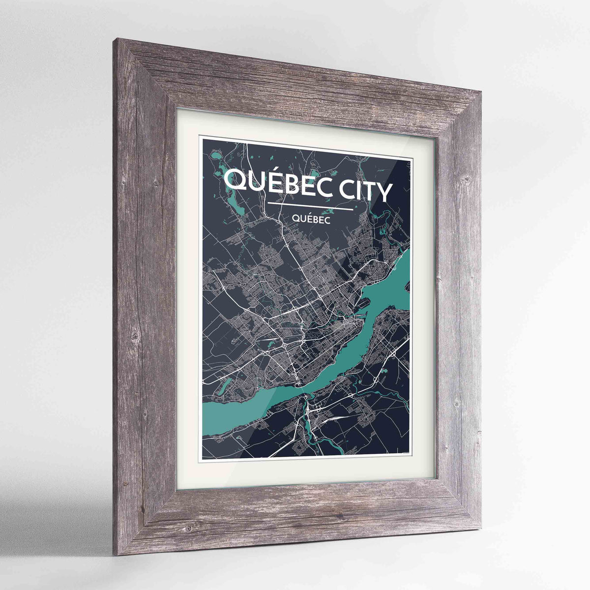 Framed Quebec City Map 24x36&quot; Western Grey frame Point Two Design Group