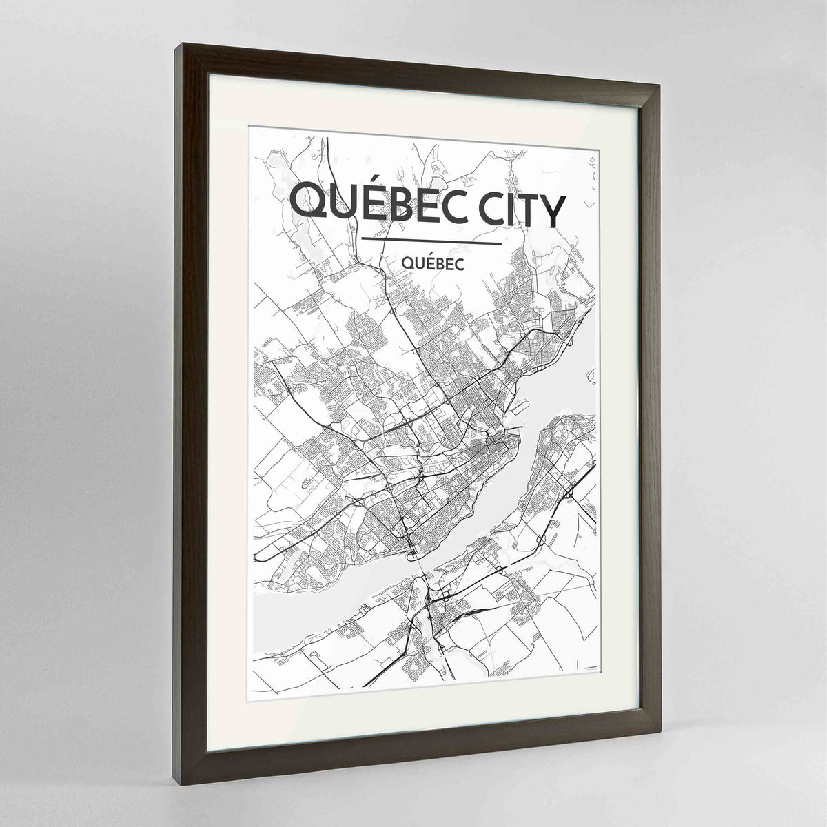 Framed Quebec City Map 24x36&quot; Contemporary Walnut frame Point Two Design Group