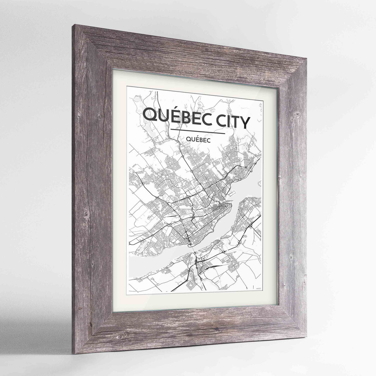 Framed Quebec City Map 24x36&quot; Western Grey frame Point Two Design Group