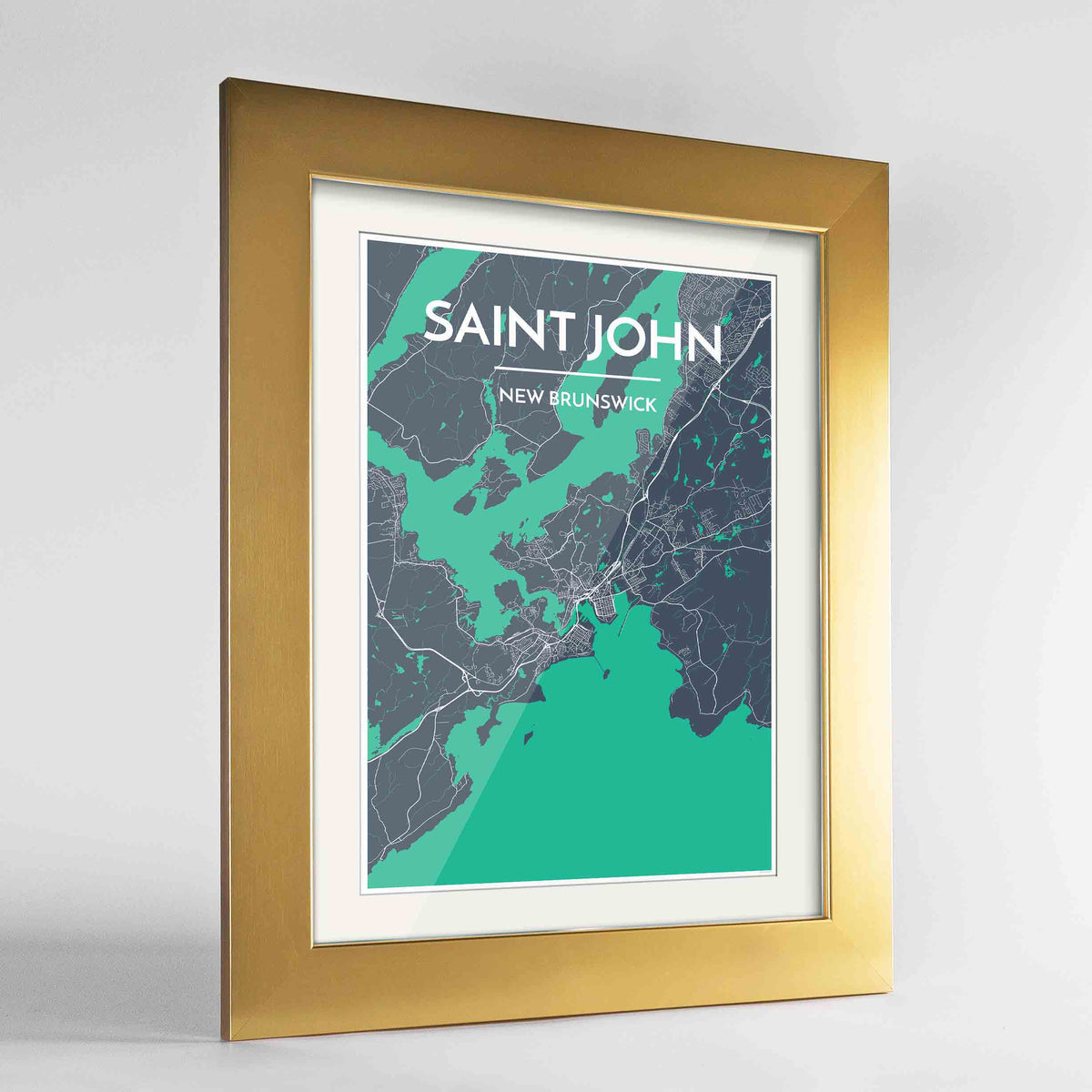 Framed Saint John City Map 24x36&quot; Gold frame Point Two Design Group