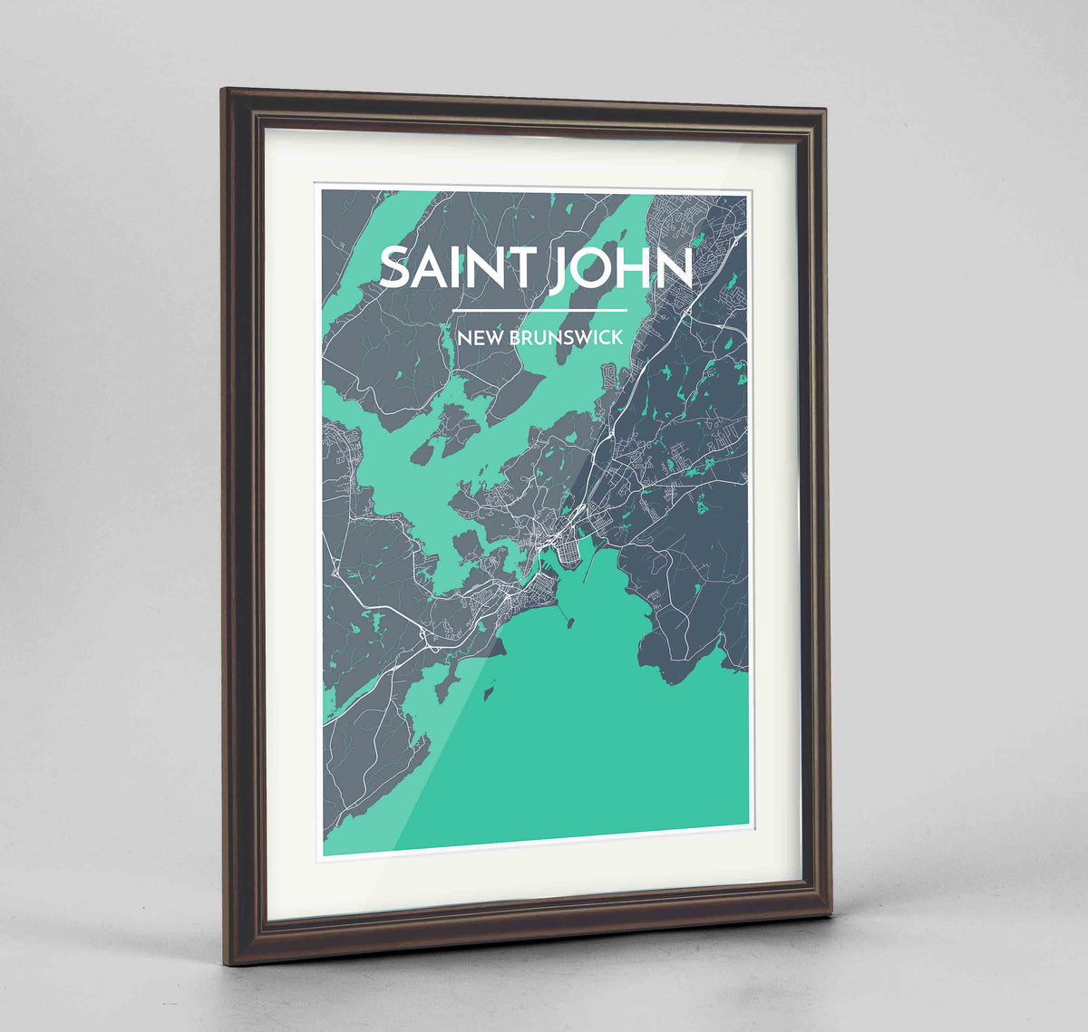 Framed Saint John City Map 24x36&quot; Traditional Walnut frame Point Two Design Group