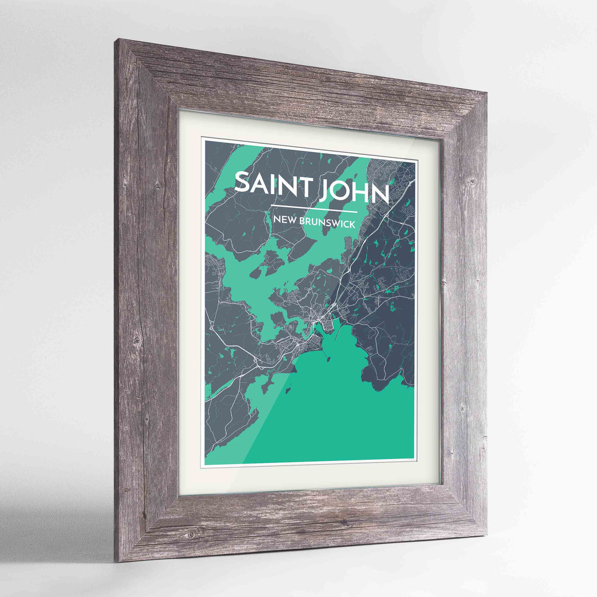 Framed Saint John City Map 24x36&quot; Western Grey frame Point Two Design Group