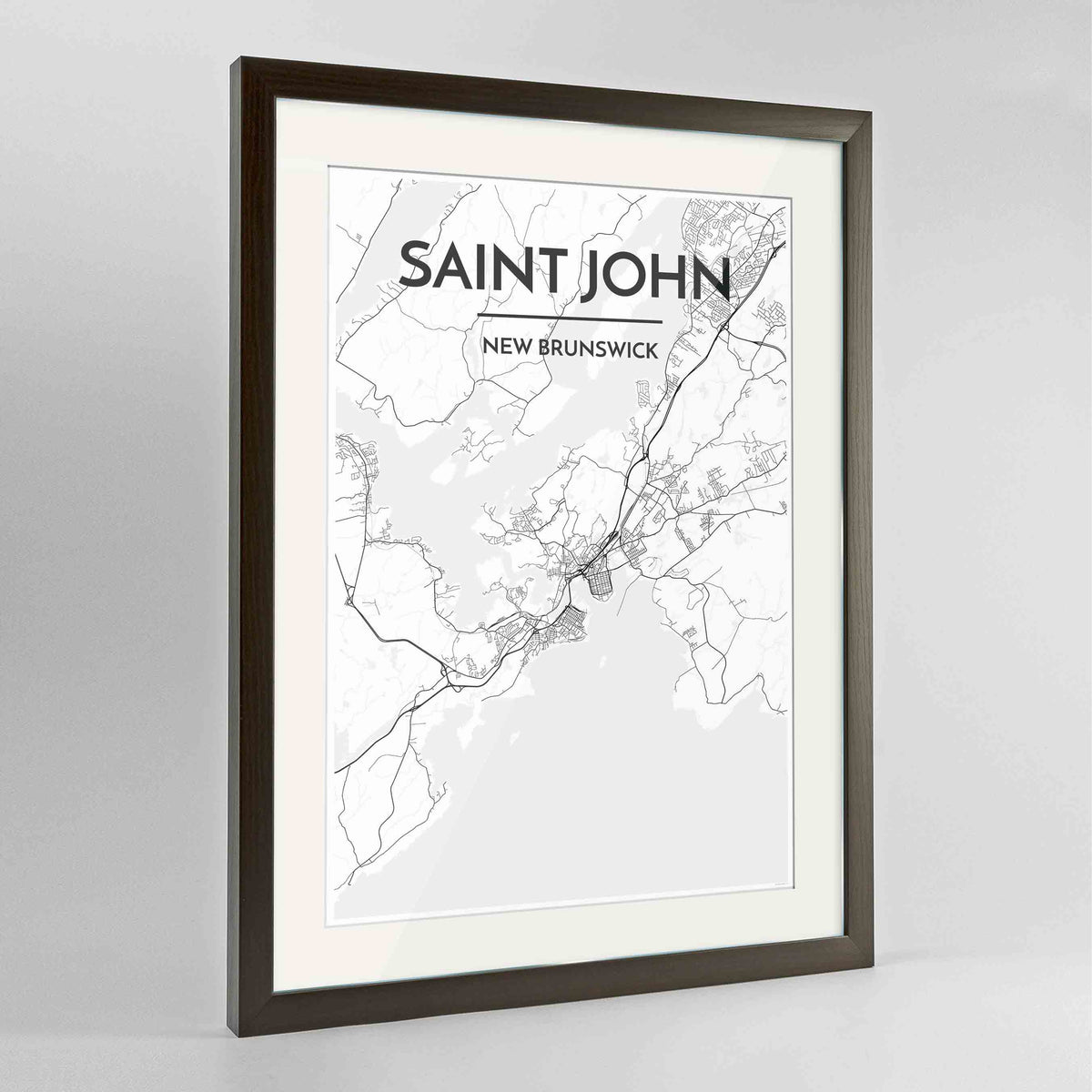 Framed Saint John City Map 24x36&quot; Contemporary Walnut frame Point Two Design Group